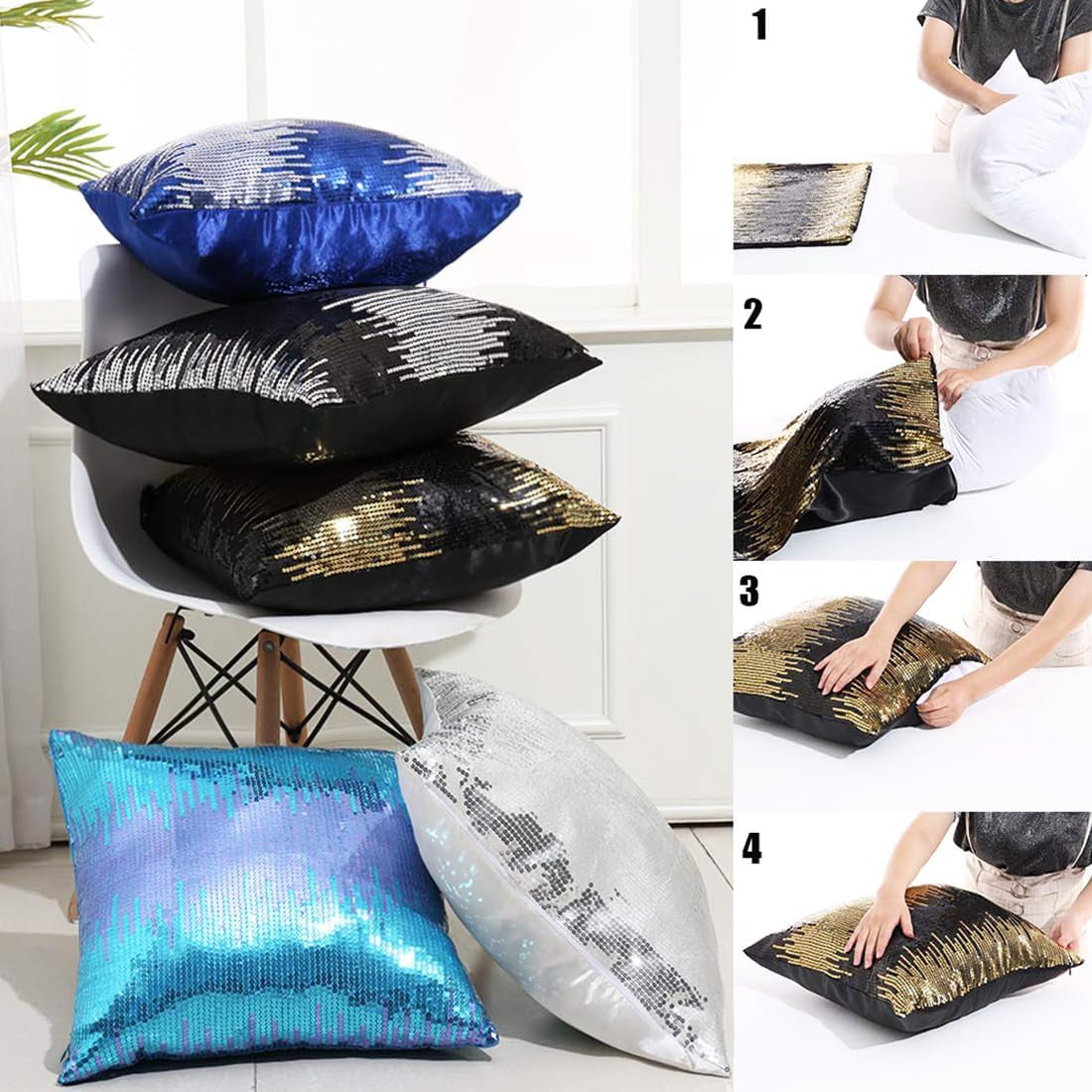 Sequin Pillow Case, Decorative Glitter Pillow Cover for Home Decor Throw Cushion Cover, 18X18 Inches, Black+Silver, Set of 2