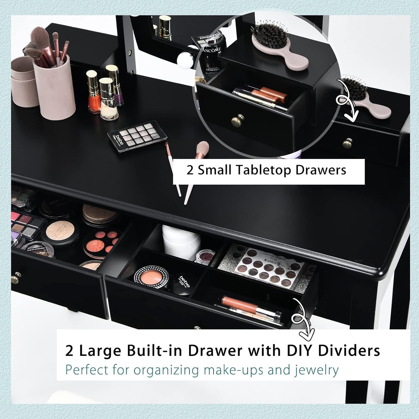 Professional title: "Modern Vanity Table Set with Lighted Mirror, Adjustable Brightness, Ample Storage, and Cushioned Stool - Ideal for Bedroom Makeup and Dressing - Black"