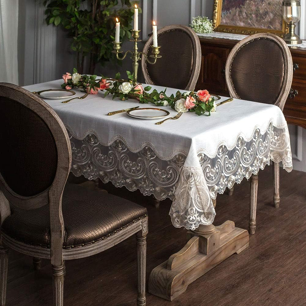 Lace Rectangular Tablecloths with Exquisite Macrame Border Clear Embroidered Kitchen Holidays Fabric Tablecloth (Beige, 60 X 84 Inch)