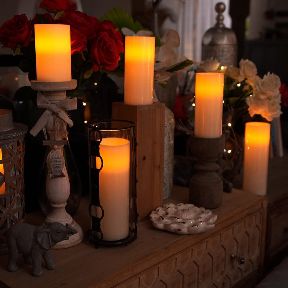 Professional Title: " 9" X 3" Flameless Battery Operated LED Pillar Candles with Timers and Remote Controls - Set of 2, Ivory White Wax, Indoor Use Only"