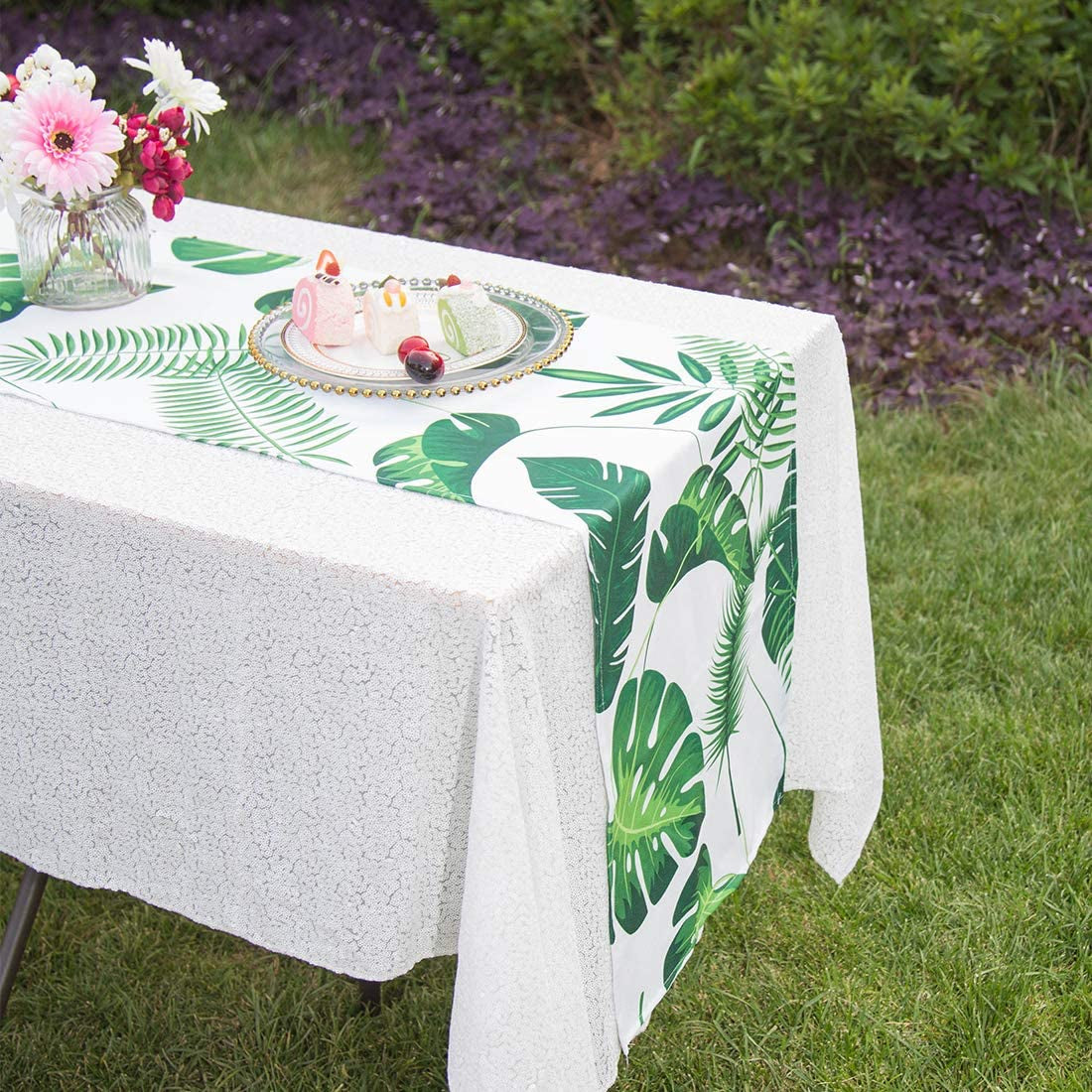 Spring Summer Table Runner Monstera Green Leaves Tropical Table Runner for Dining Outdoor Table Decor, 14 X 72 Inches