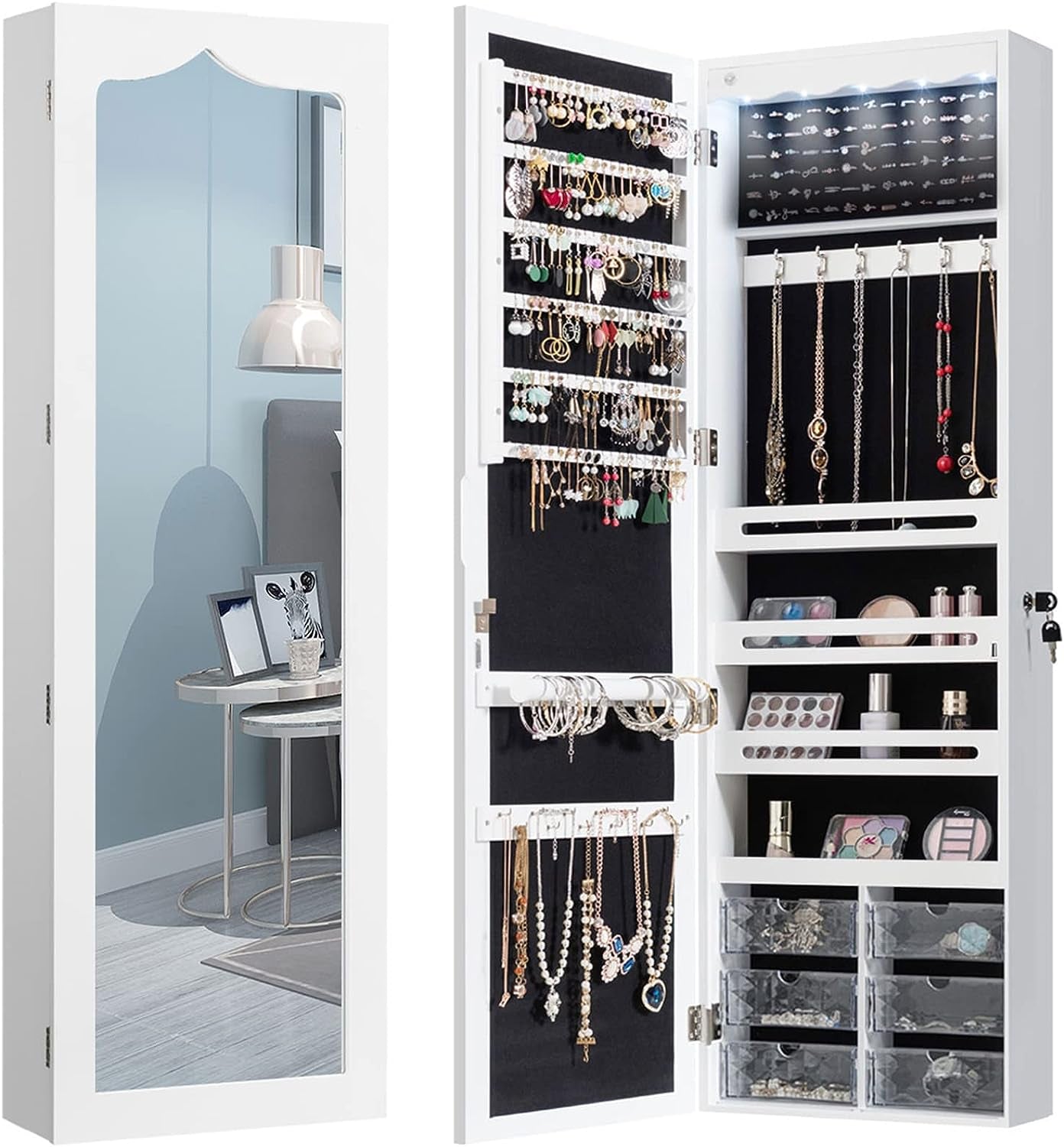 " Wall Mounted/Door Hanging Jewelry Armoire with Mirror, Lockable Cabinet, 6 Drawers, and Large Capacity Storage Box for Women and Girls - White"