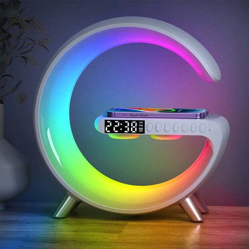 Professional Product Title: "Wireless Charging Station with Alarm Clock, Speaker, RGB Night Light, and APP Control for iPhone and Samsung Devices"