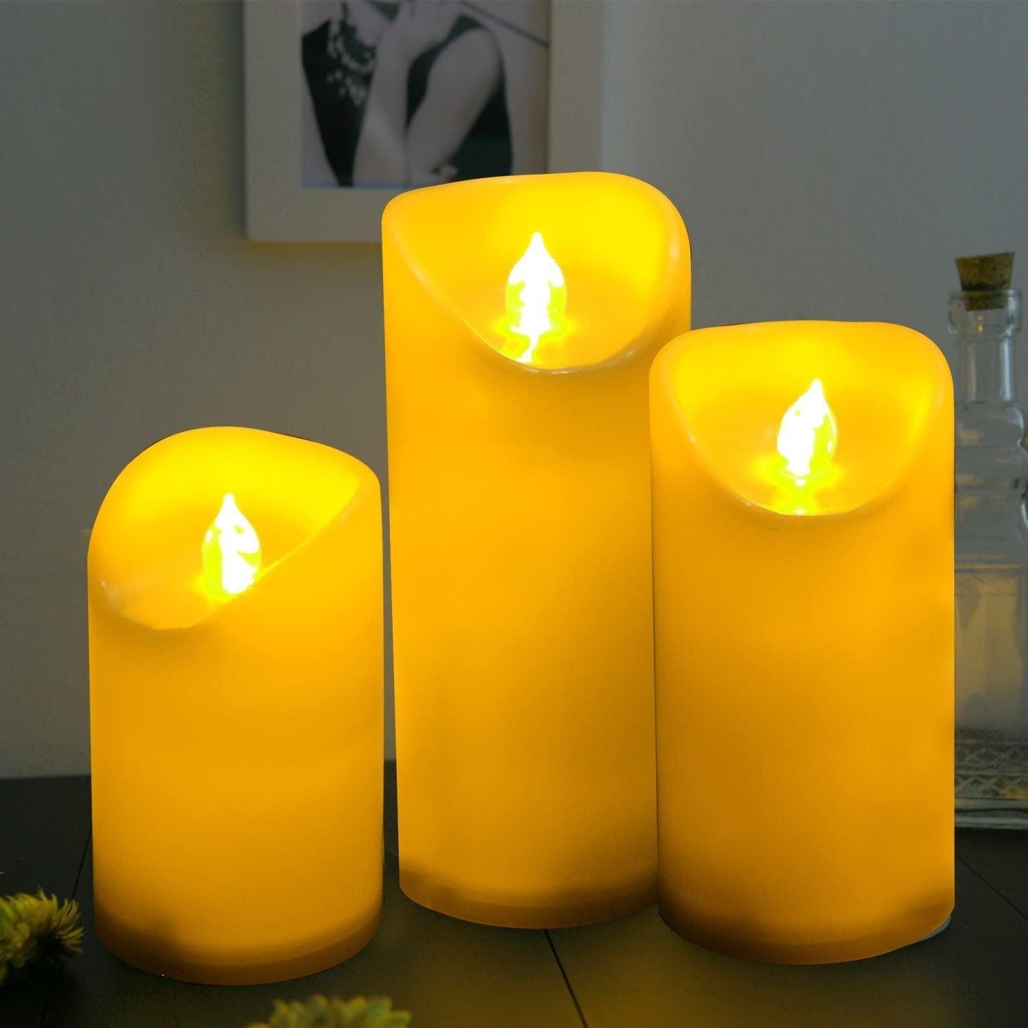 "Waterproof Outdoor Battery Operated Flameless Pillar Candles with Timer - Realistic Flickering LED Lights for Lantern Garden Wedding Christmas Decorations - Pack of 3"