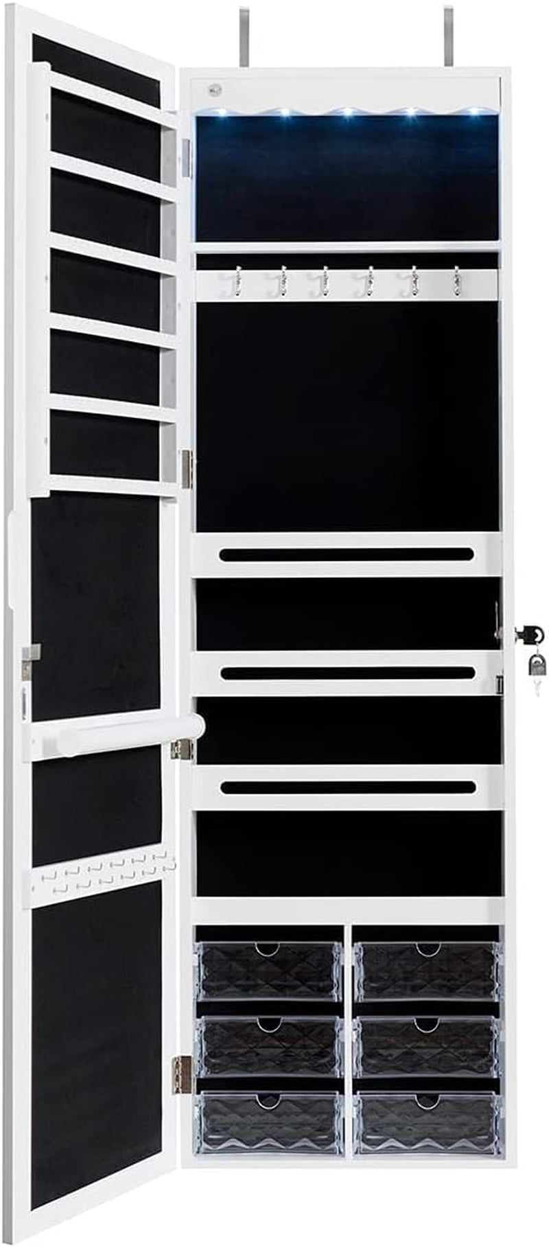 " Wall Mounted/Door Hanging Jewelry Armoire with Mirror, Lockable Cabinet, 6 Drawers, and Large Capacity Storage Box for Women and Girls - White"