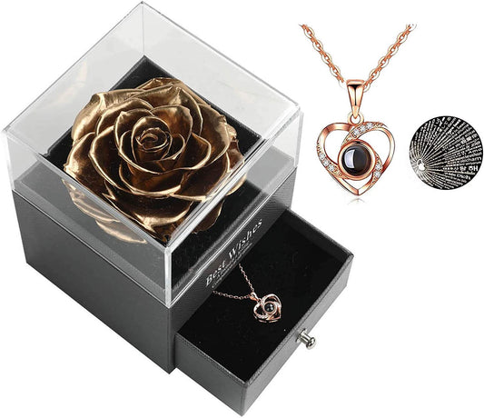 Preserved Real Rose Drawer with Heart Necklace