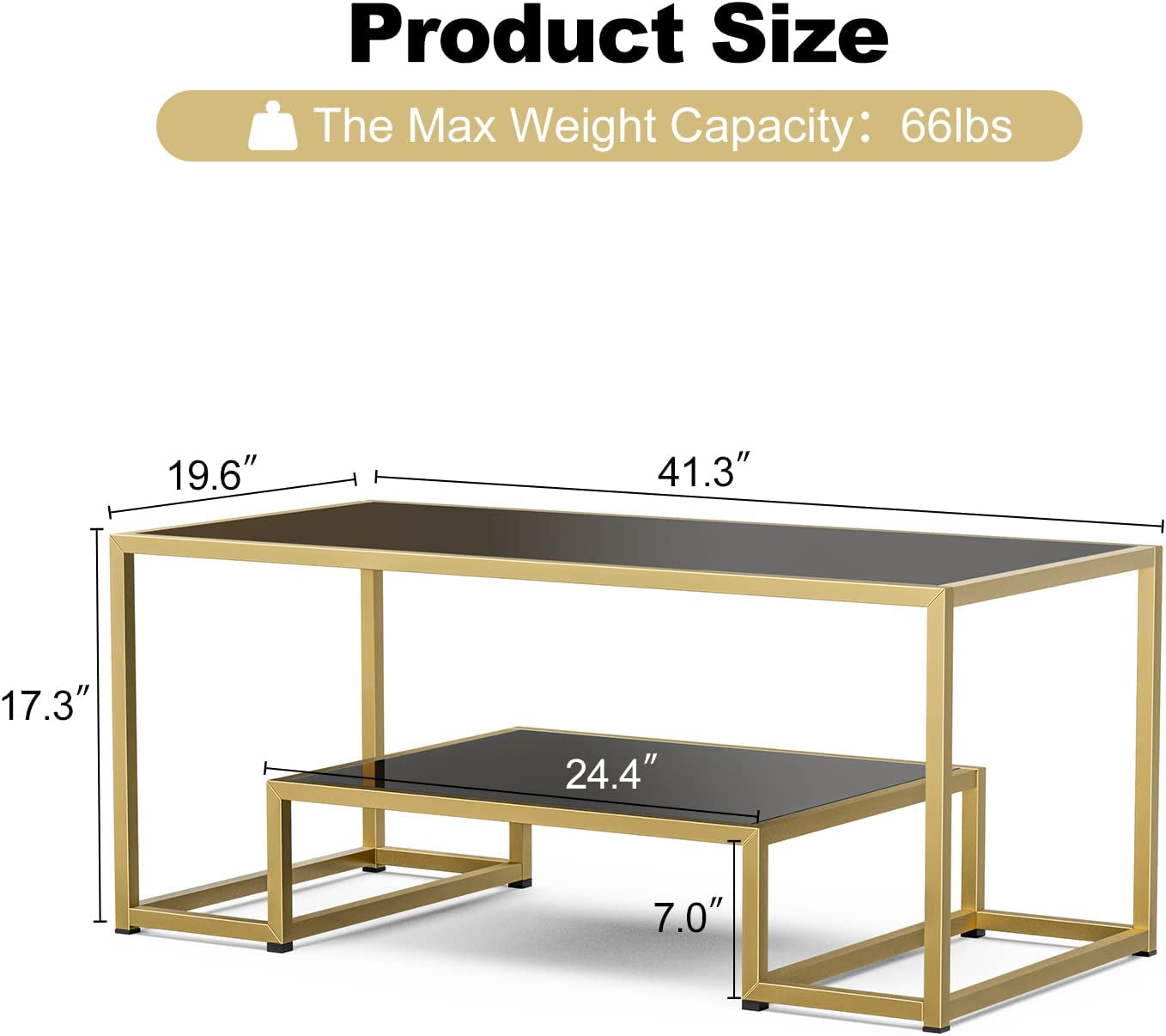 "Contemporary Black Coffee Table with Gold Metal Frame, Open Storage Shelf, and Modern Design - Ideal for Living Rooms, Offices, and Home Decor"