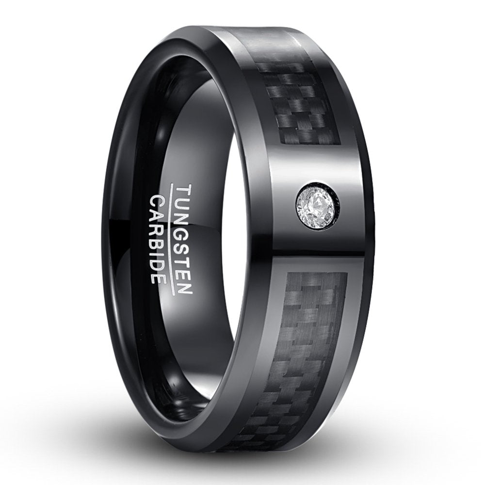 8Mm Men'S Red Tungsten Carbide Rings with CZ Inlay Carbon Fiber Wedding Band Size 7-12