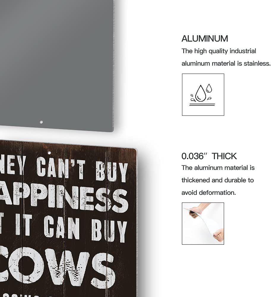 Metal Wall Sign, 12X8 Inches Vintage Funny Aluminum Home Decor for Garden, Farmhouse, Man Cave Bar - Money Can'T Buy Happiness but It Can Buy Cows
