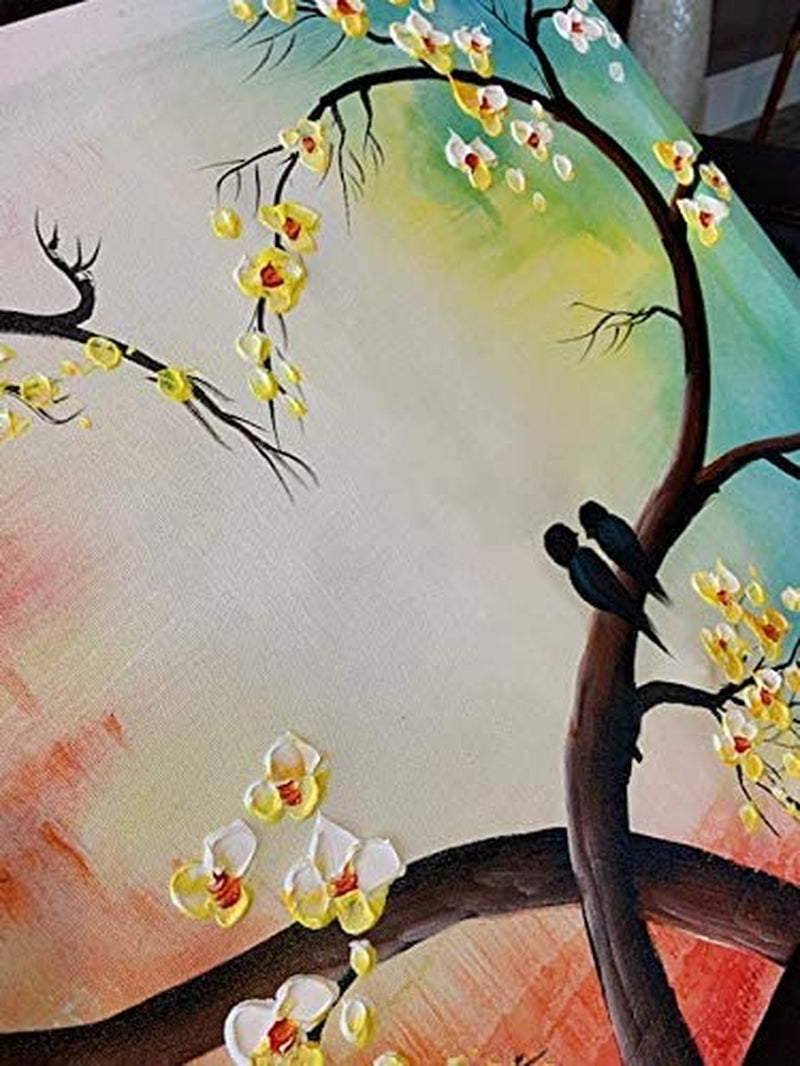 Love Art Wall Decor Hand Painted Heart Branch Paintings for Home Modern Gallery Decoration Couple Birds Flowers Floral Picture Stretched Framed, Ready to Hang 16X20In