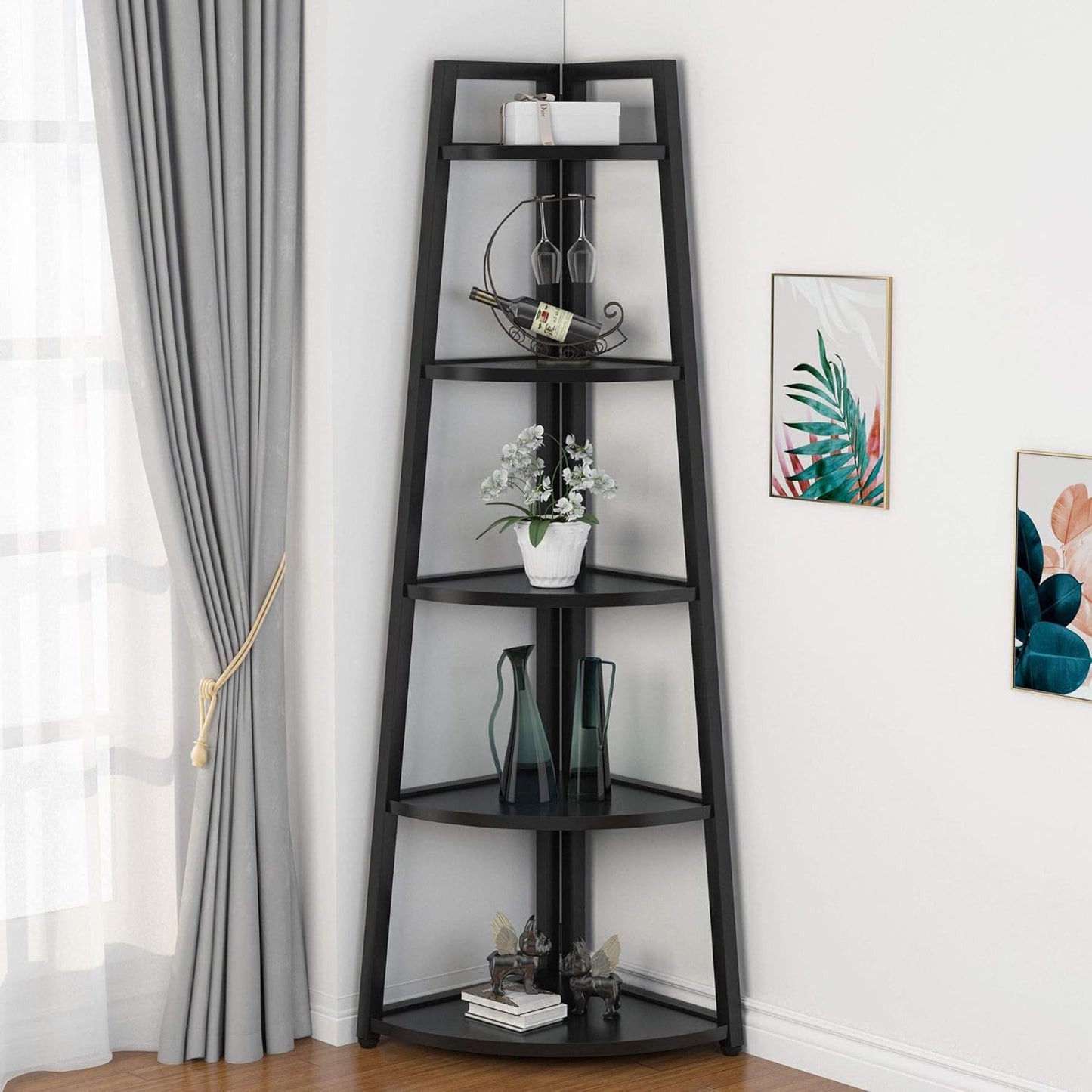 " 70-Inch Tall 5-Tier Modern Corner Bookshelf Bookcase: Industrial Corner Ladder Shelf Plant Stand for Living Room, Kitchen, and Home Office (Black)"