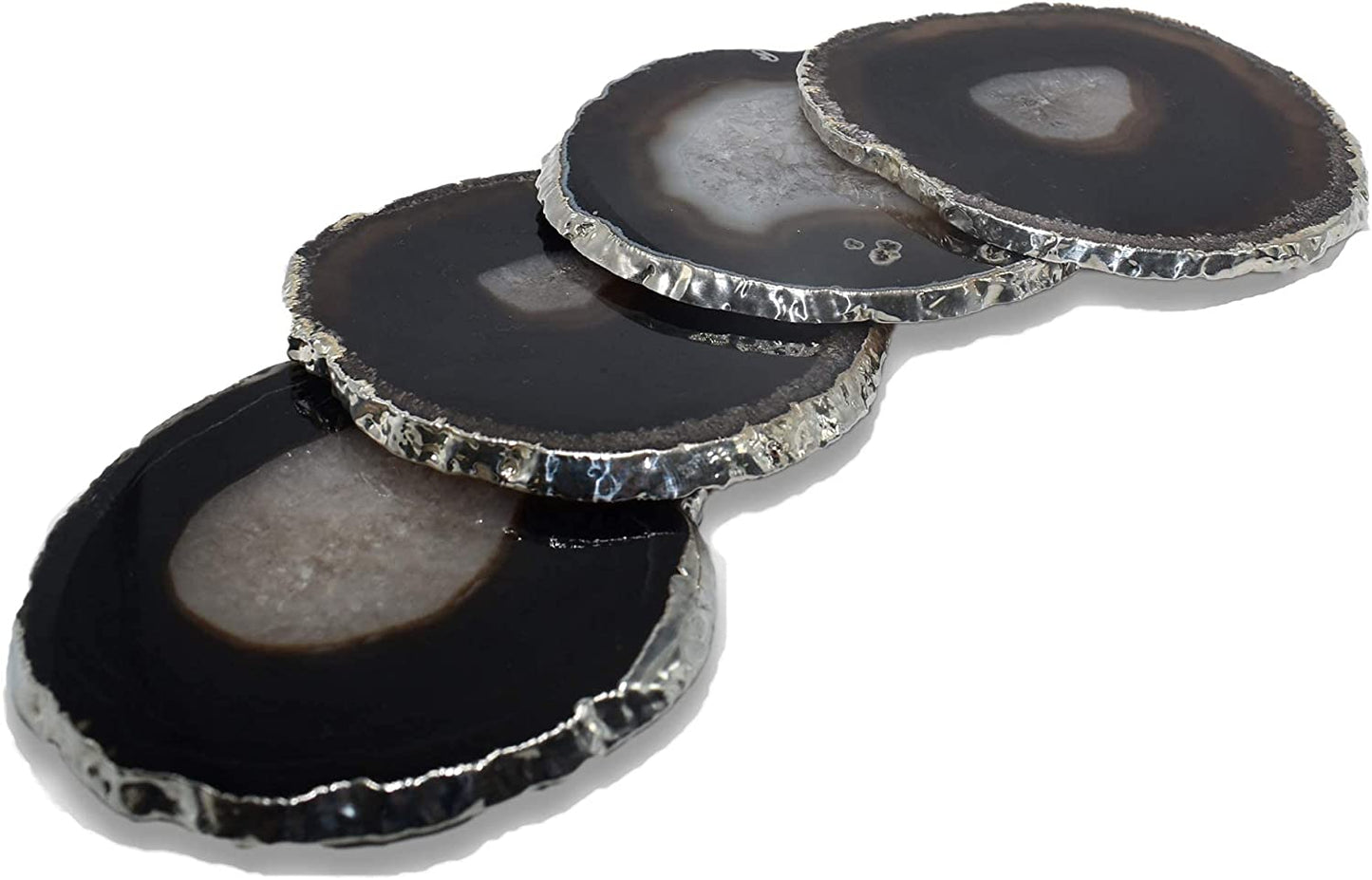 Premium Black Silver Rimmed Agate Coasters - Set of 4, Genuine Stone Table Mats for Dining & Drinks Coffee Table & Kitchen Geode Decor Non-Toxic 3.5-4” Diameter