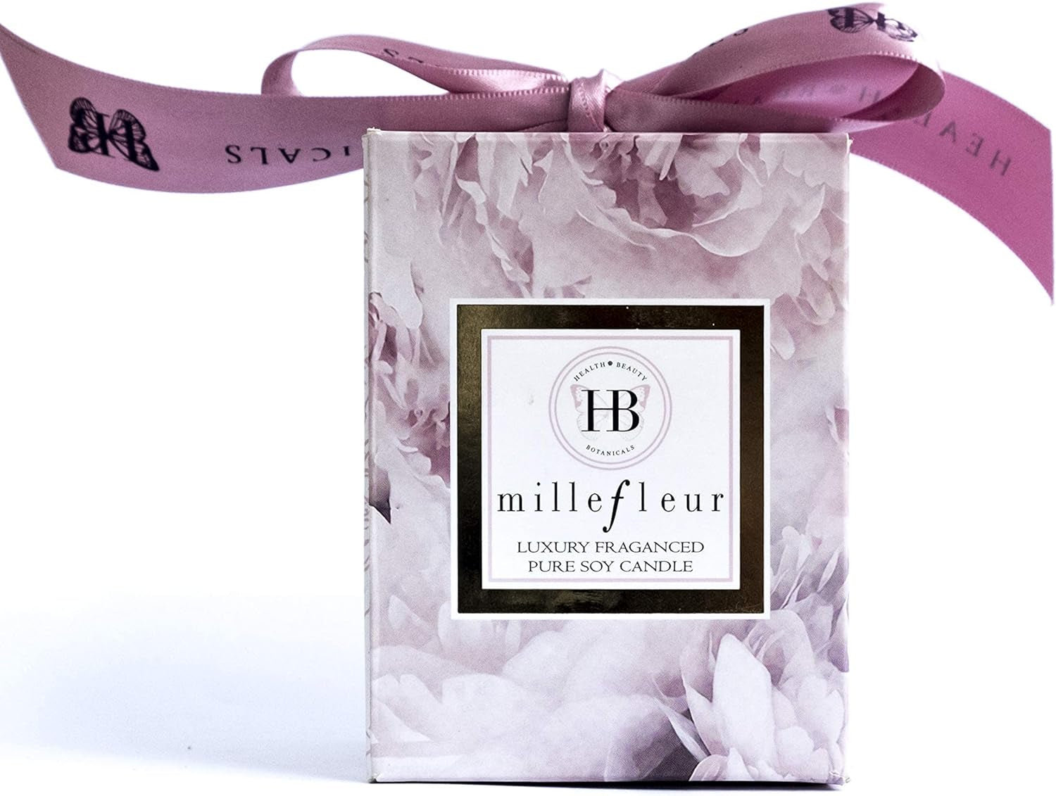 HB Botanicals Candle Millefleur Limited Edition/Luxury Scented Soy Candles/Hand Poured, Highly Scented & Clean Burn/7.5 Oz Frosted Pink Jar/Gold Embossed Gift Box/Color Printed Inner Box/Satin Bow.