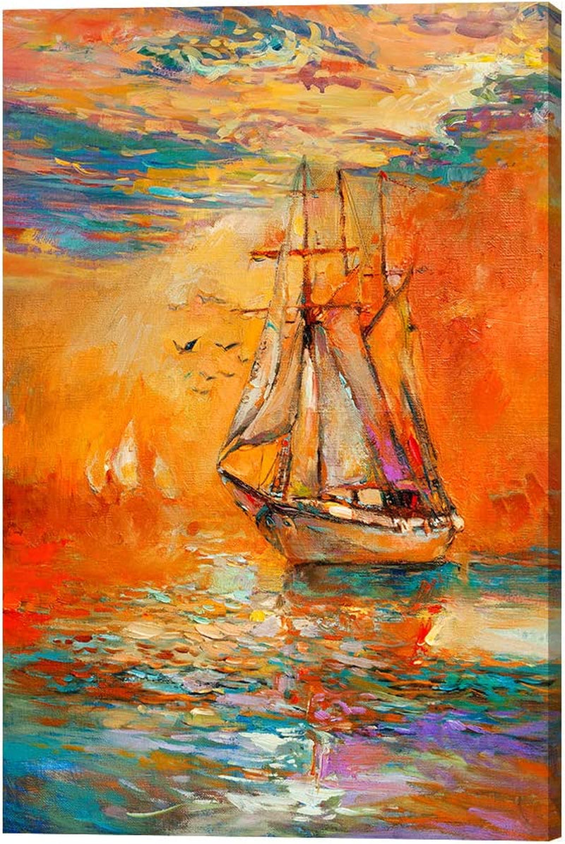 Abstract Boat Decor Canvas Wall Art Sailboat Seagull Canvas Prints Wall Art Large Orange Wooden Framed Seascape Canvas Print Painting for Living Room Bedroom Office Home Decor 24X36 Inch