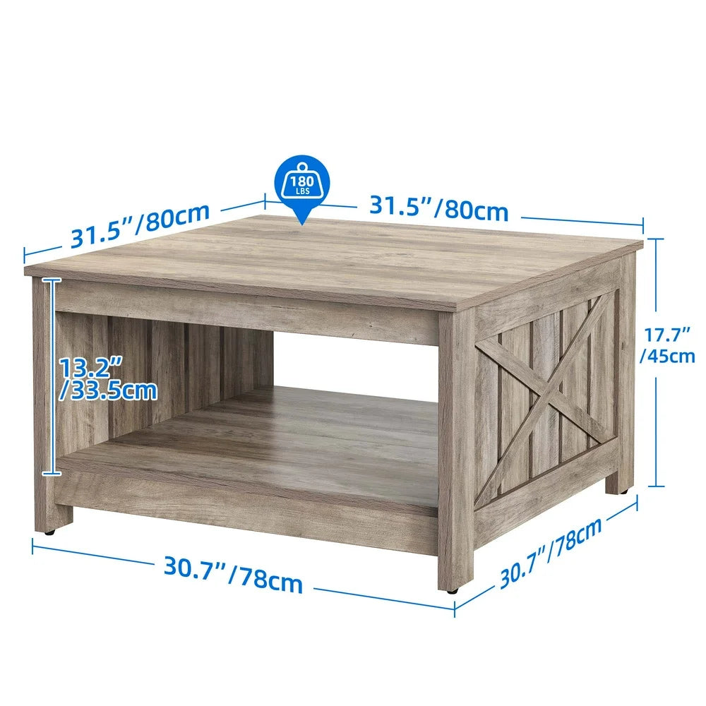 Coffee Table with Storage, Square Wood Farmhouse Coffee Table with Barn Door for Living Room, Grey