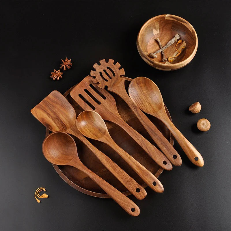 7 PC High-Heat Resistant Teak Wood Kitchenware Spoon Set