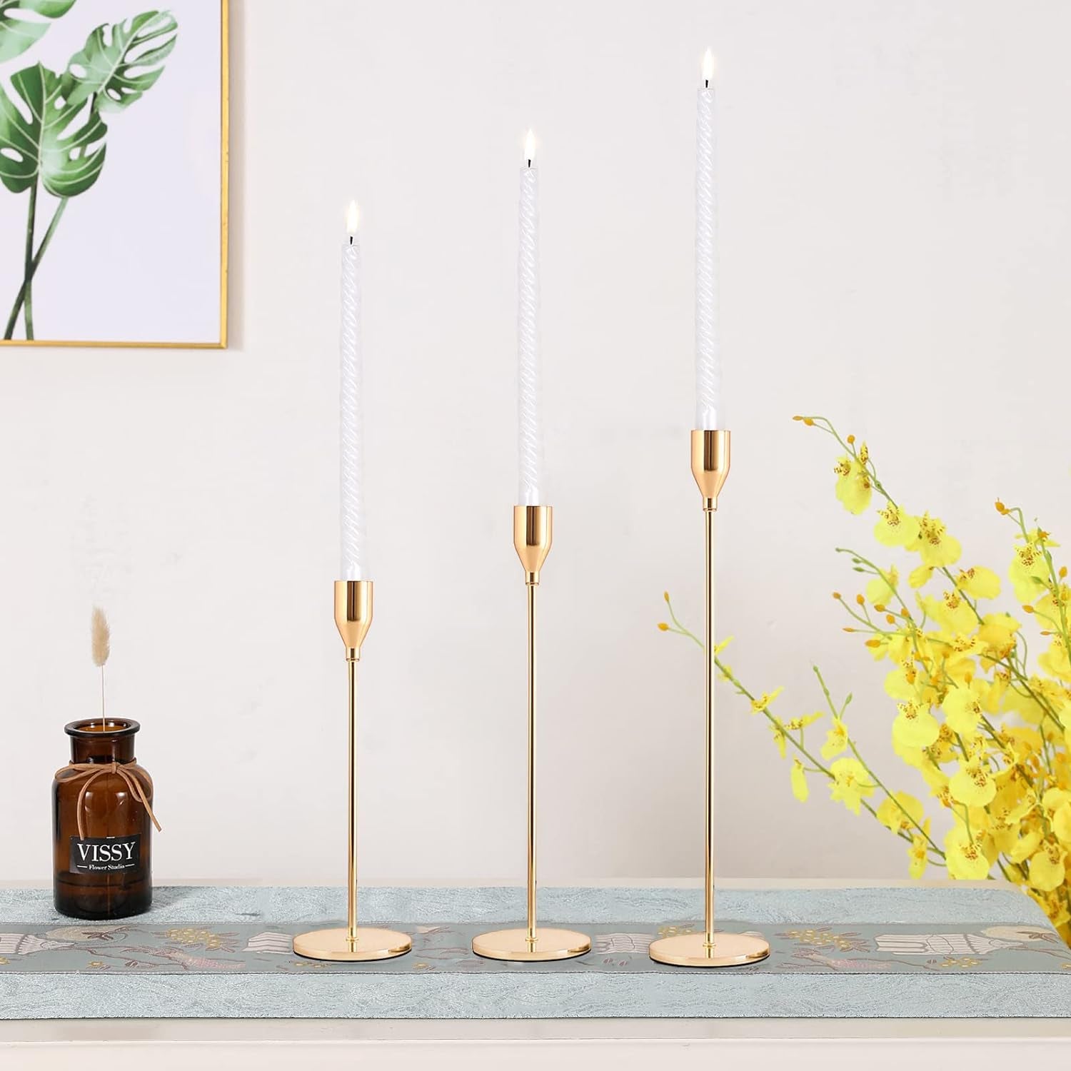 Rose Gold Candlestick Holders Set of 3 - Metal Tall Candle Stand for Taper Candles - Decorative Centerpiece for Party Wedding, Dining, Living Room - Fits 3/4 Inch Thick Candles & LED Candles