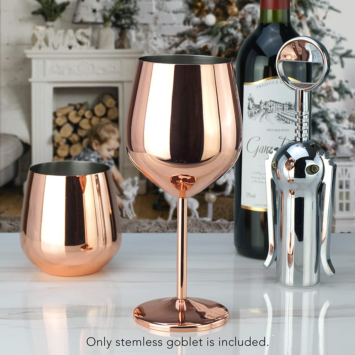 Professional Title: "Elegant Set of 4 Stainless Steel Wine Glasses with Copper/Rose Gold Stem - 18.5 Oz Capacity"