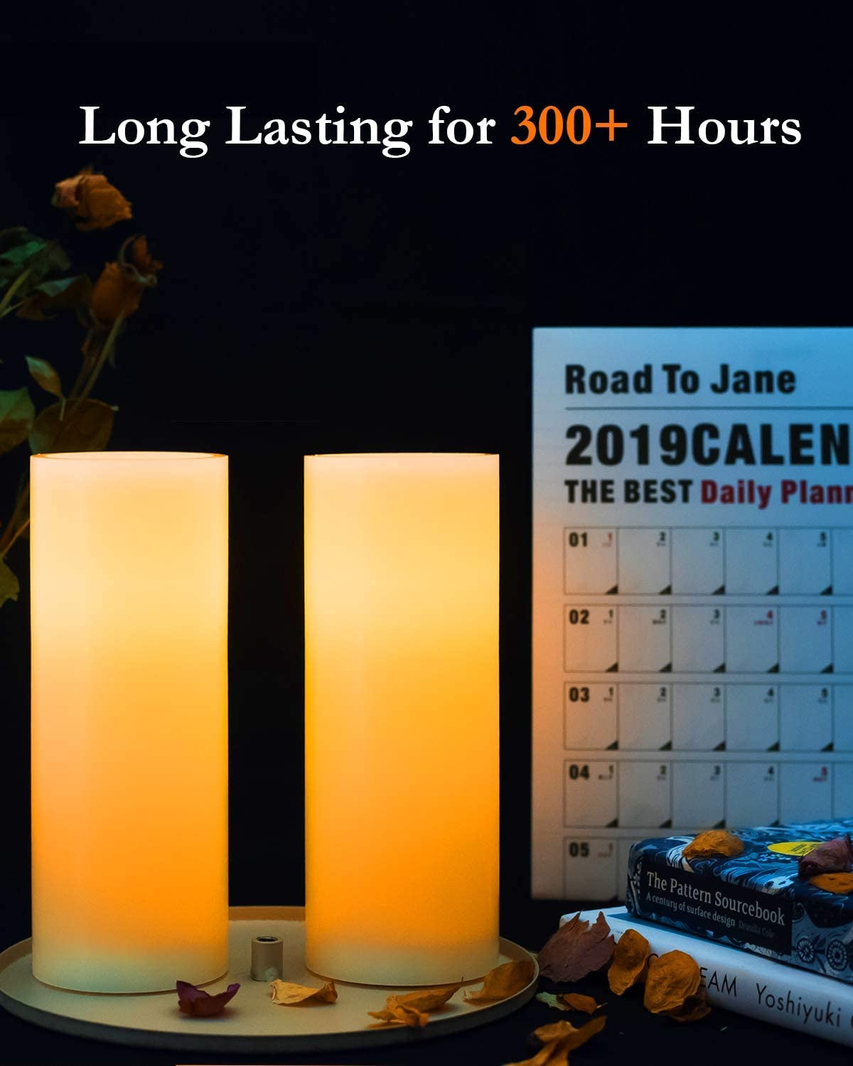 Professional Title: " 9" X 3" Flameless Battery Operated LED Pillar Candles with Timers and Remote Controls - Set of 2, Ivory White Wax, Indoor Use Only"