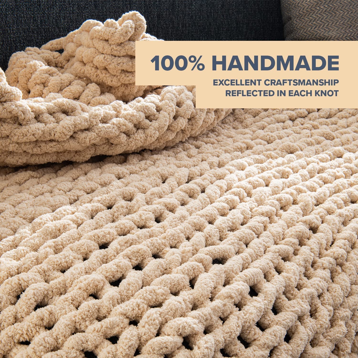 Handmade Chenille Yarn Knitted Blanket - 50"X60" - 3.7 Lbs. - Machine Washable - Cable Knit Throw Blanket for Couch, Bed (Oat White)