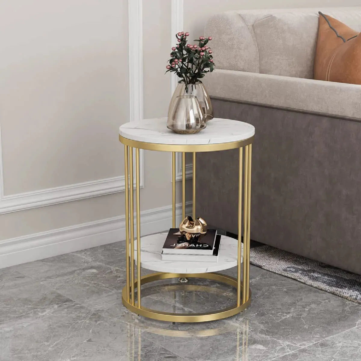 Round Marble Accent Table End 2 Tiers Storage Table Gold Metal Frame Nightstand for Living Room, Bedroom