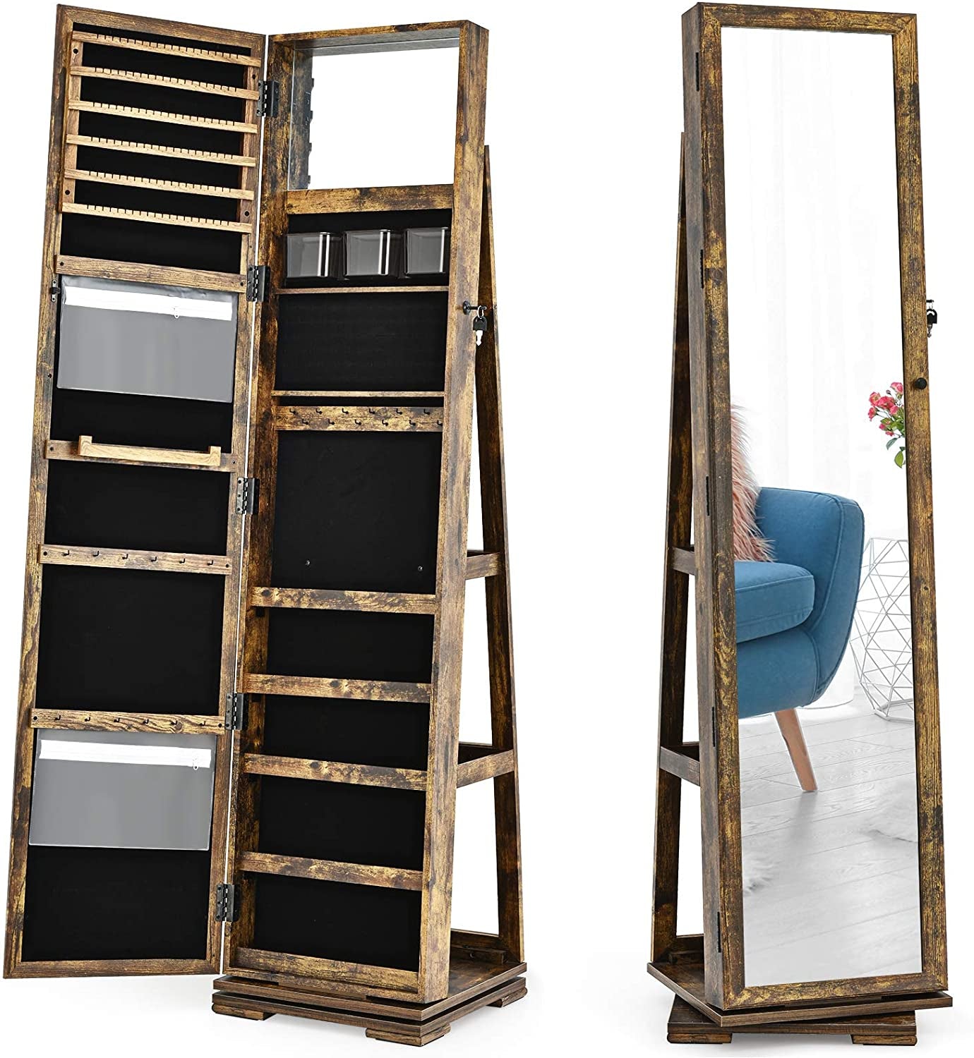 Professional Title: " 360° Swivel Jewelry Armoire with Full Length Mirror, Lockable Standing Jewelry Cabinet Organizer, Spacious Storage Capacity, Built-in Makeup Mirror, and Rear Storage Shelves (Rustic Brown)"