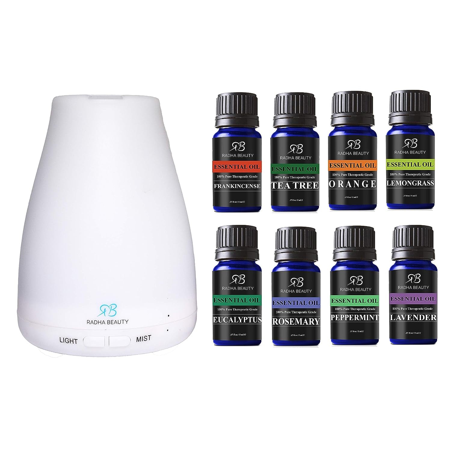 Aromatherapy Top 8 Essential Oil and Diffuser Gift Set - Peppermint, Tea Tree, Lavender & Eucalyptus - Auto Shut-Off and 7 Color LED Lights - Therapeutic Grade Oils by