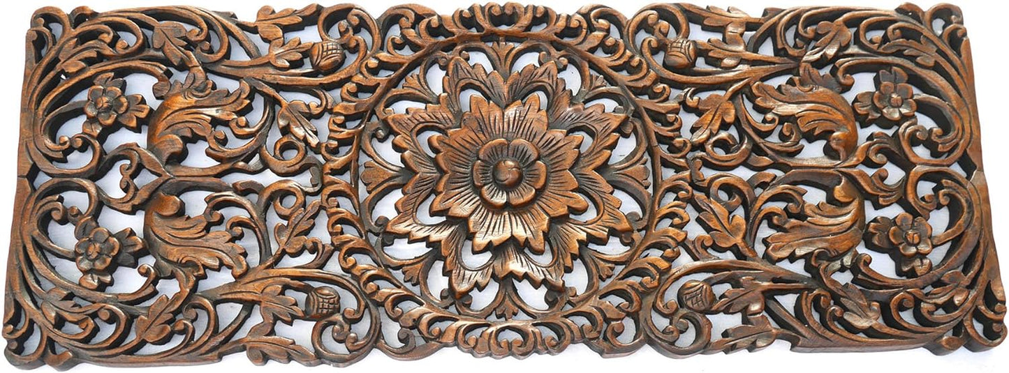 Tropical Wood Panel Home Decor/Headboard. Wood Carved Floral Wall Art Size 35.5"X13.5" Extra Thick (Dark Brown)