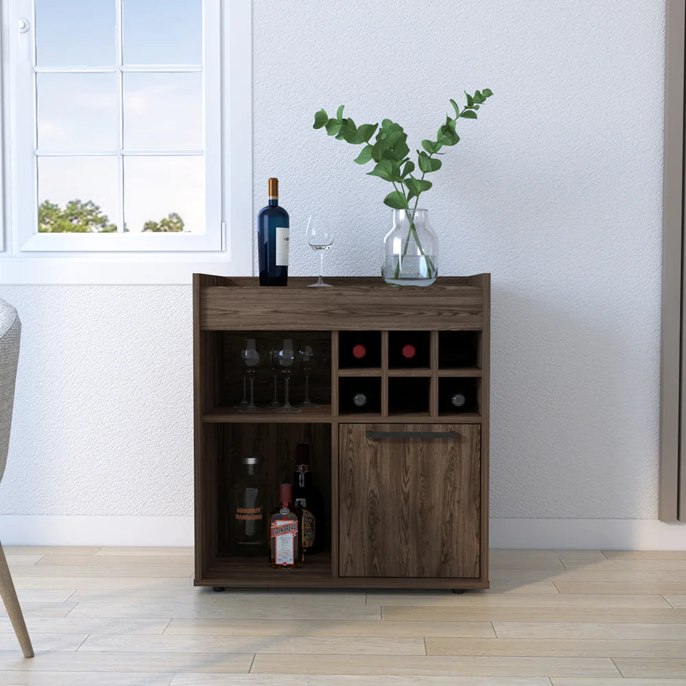 "Dark Walnut Finish Bar Cabinet Dext with Two Concealed Shelves and Six Wine Cubbies"