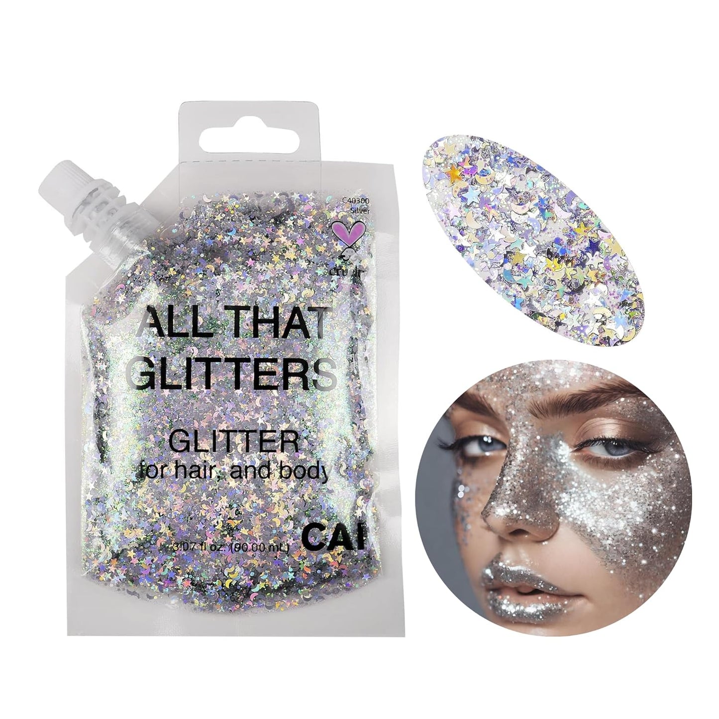Silver Glitter | Easy to Apply & Remove Chunky Glitter for Body, Face and Hair | 90Ml Bag Pouch | Holographic Cosmetic Grade Glamour | Halloween, Music Concert Festival Rave Accessories