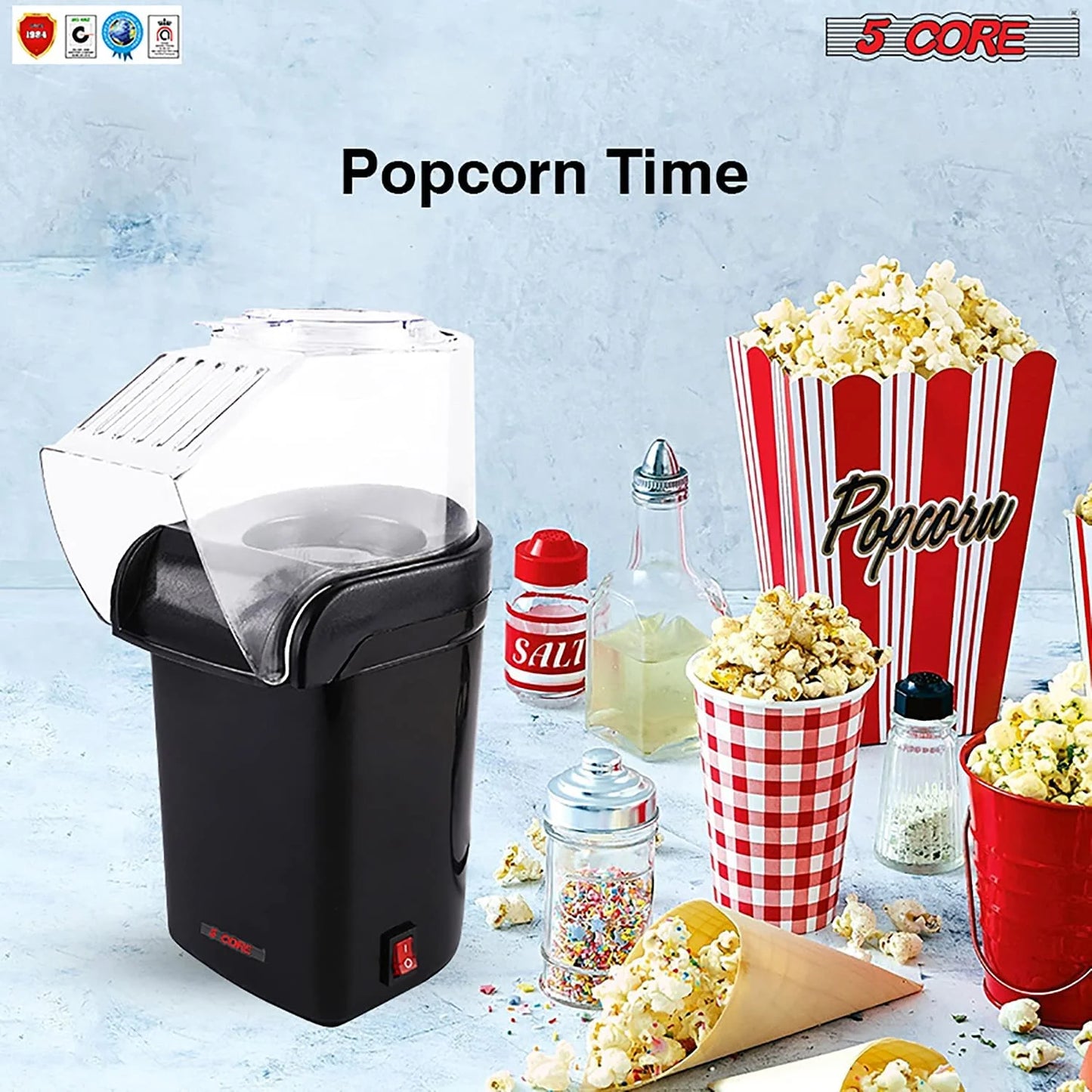 "5 Core Black Hot Air Popcorn Machine - 16 Cup Capacity, Compact Mini Popcorn Popper Maker - POP B"