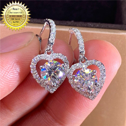 "Pair of 18K Solid Gold Earrings with 2Ct DVVS Moissanite - Exceptional Color Quality (001)"