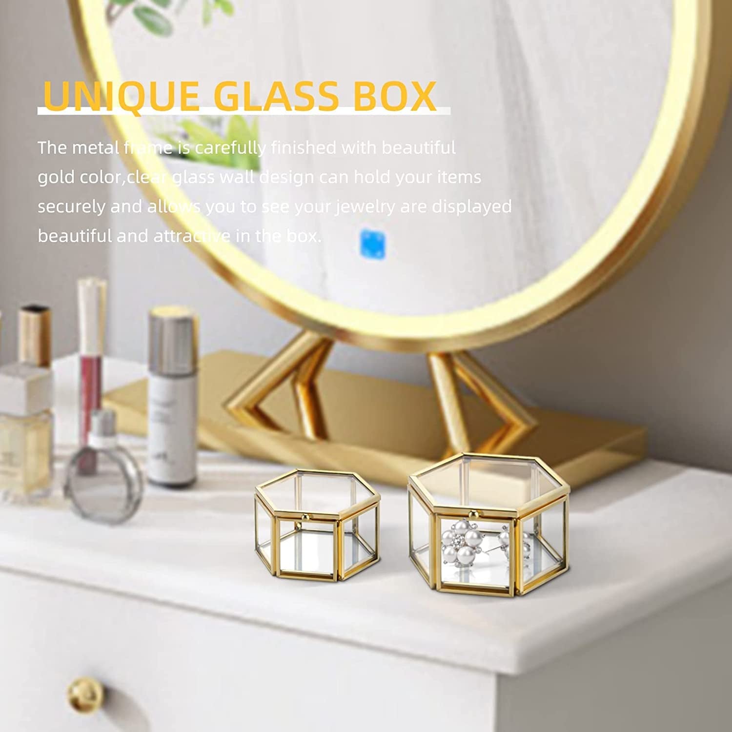 Gold Hexagon Vintage Glass Jewelry Box 2 Set