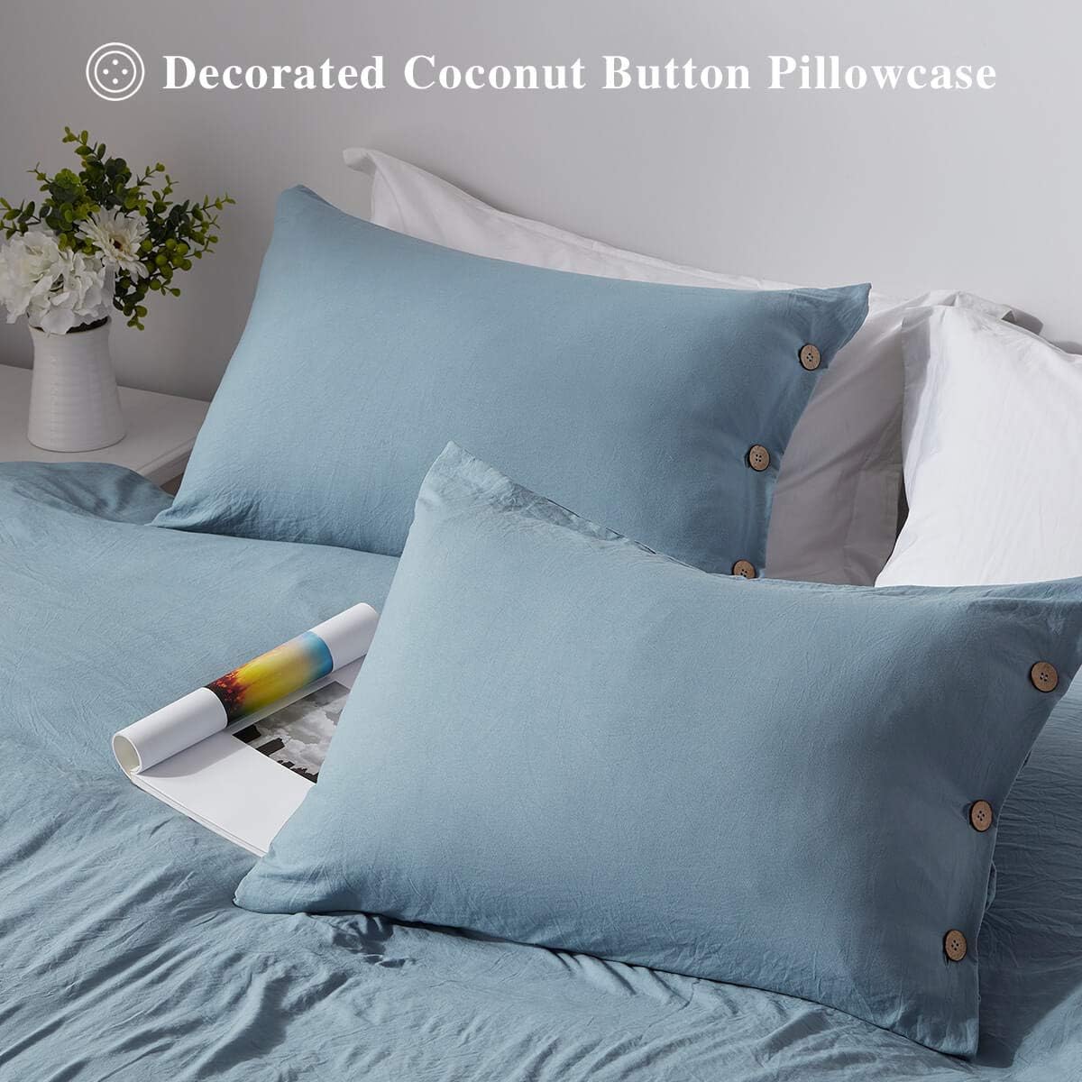 King Size Duvet Cover Set with Buttons Closure Blue Grey, 3 Pieces Solid Color Ultra Soft Skin-Friendly Comforter Cover Set (1 Duvet Cover +2 Pillowcases)