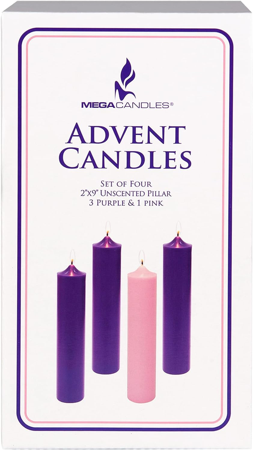 Professional Title: "Set of 4 Unscented Advent Dome Top Pillar Candles - Hand Poured Wax, 2 Inch X 9 Inch - Ideal for Holidays, Church, Decorations, Devotional, Celebration, Party, and More"