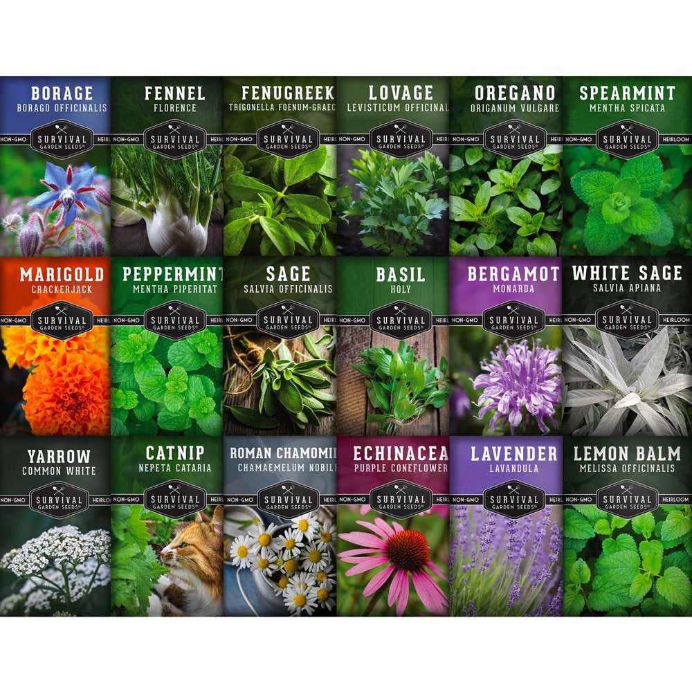 Non-GMO Heirloom Herbs & Flowers for Full Sun - 18 Pack "
