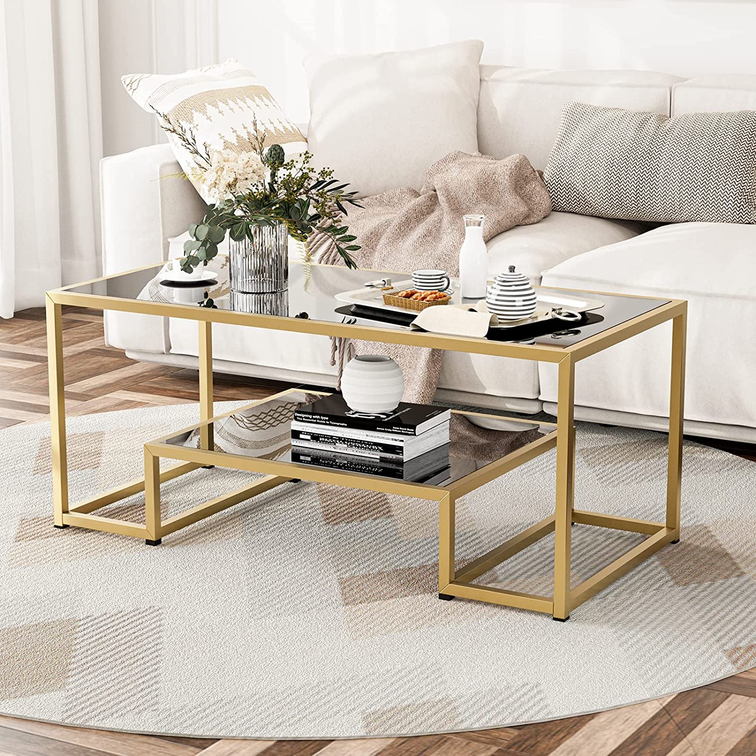 "Contemporary Black Coffee Table with Gold Metal Frame, Open Storage Shelf, and Modern Design - Ideal for Living Rooms, Offices, and Home Decor"