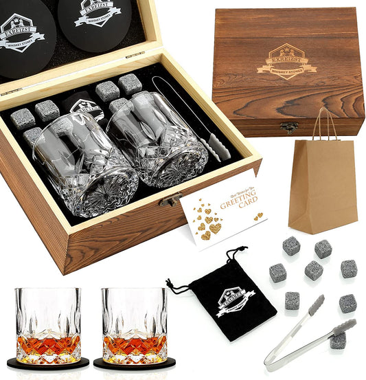 "Premium Whiskey Stones Gift Set - Set of 2 Whiskey Glasses with Granite Chilling Rocks - Scotch Bourbon Box Set - Ideal Drinking Gifts for Men, Dad, Husband - Perfect for Birthdays, Parties, and Holidays"