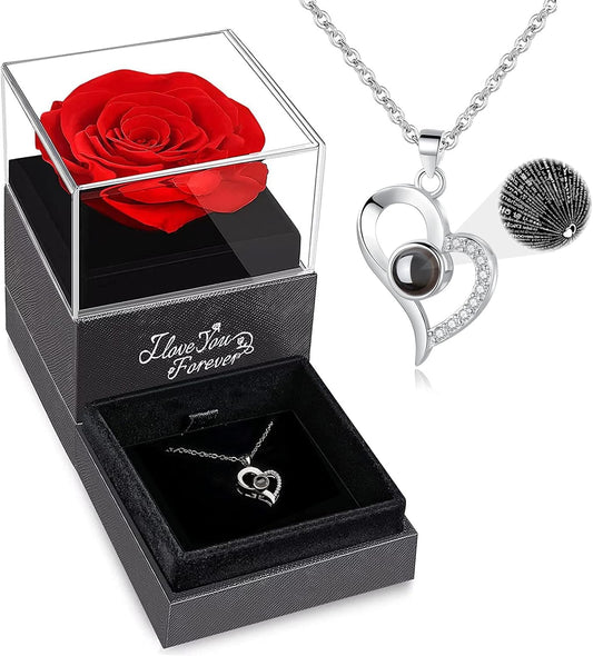 Preserved Real Rose with I Love You Necklace