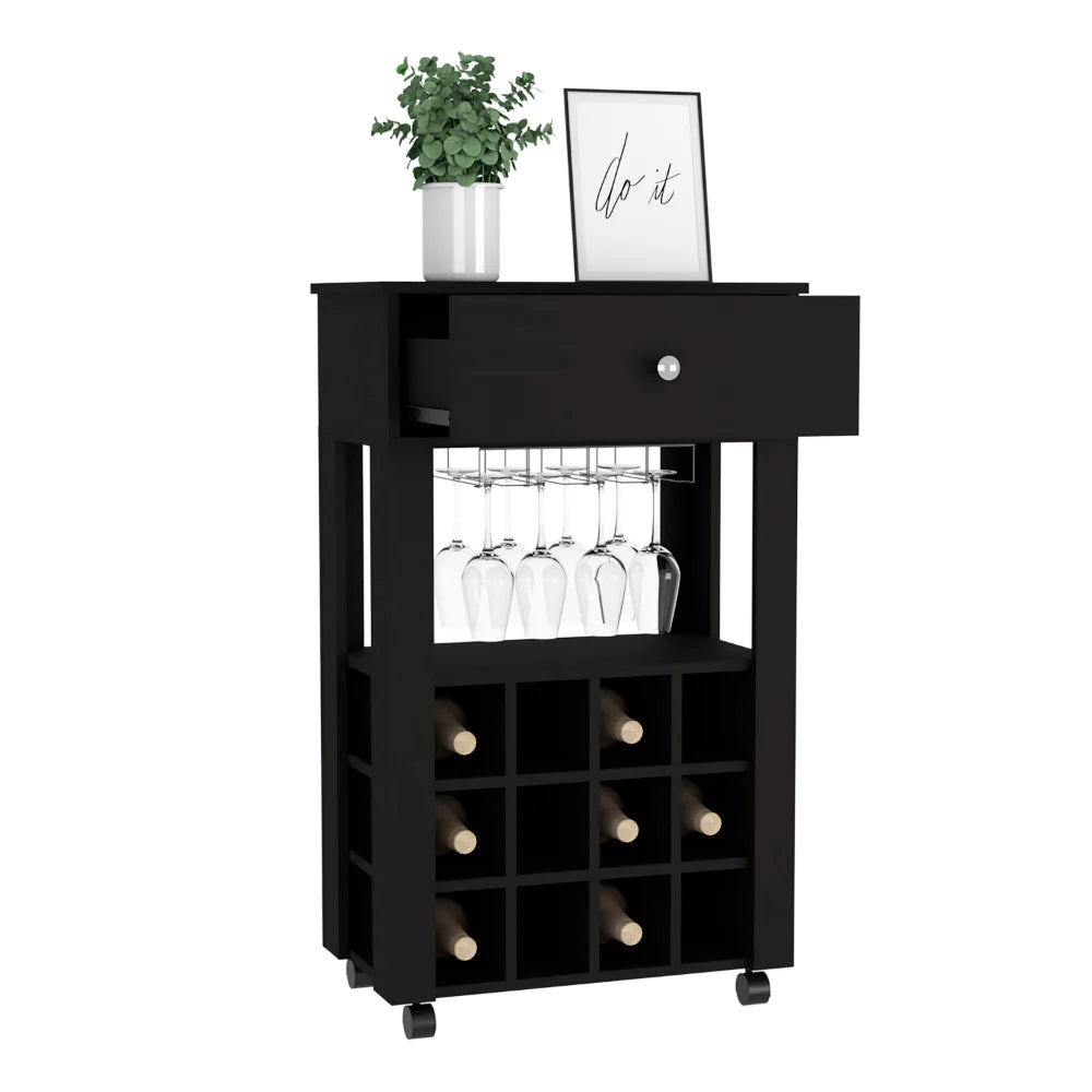 Professional title: "Bayamon Bar Cart with Twelve Wine Cubbies, Four Legs, and Black Wengue Finish"