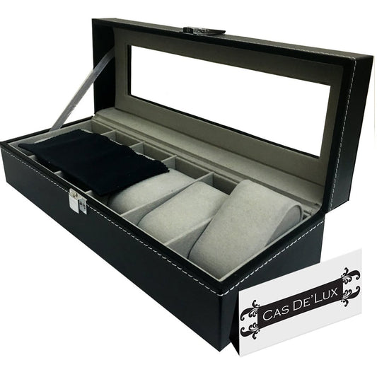 Luxury Watch Box 6 Velvet Pillow Slots, Premium Display Case with Framed Glass Lid, Elegant Contrast Stitching, Sturdy & Secure Lock - by Cas De` Lux