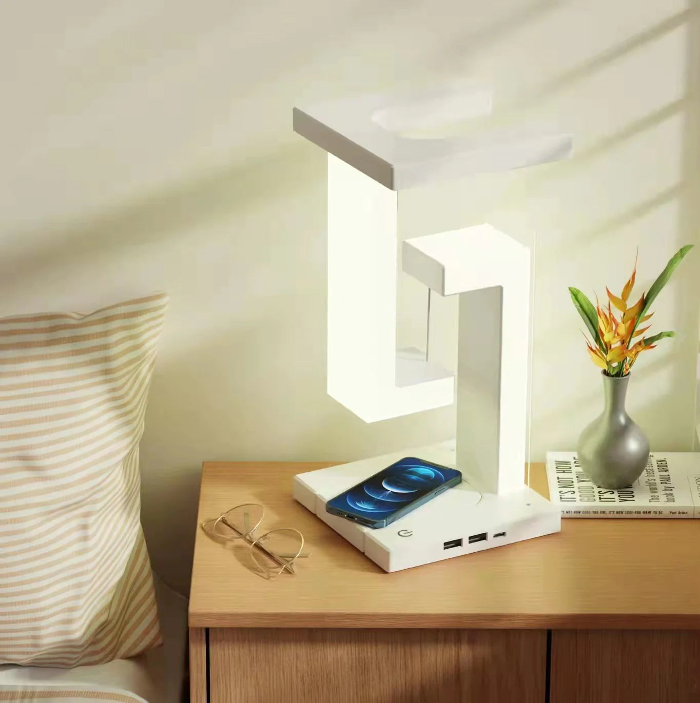 "Contemporary Wireless Charging Suspension Table Lamp with Smartphone Compatibility for Home and Bedroom"