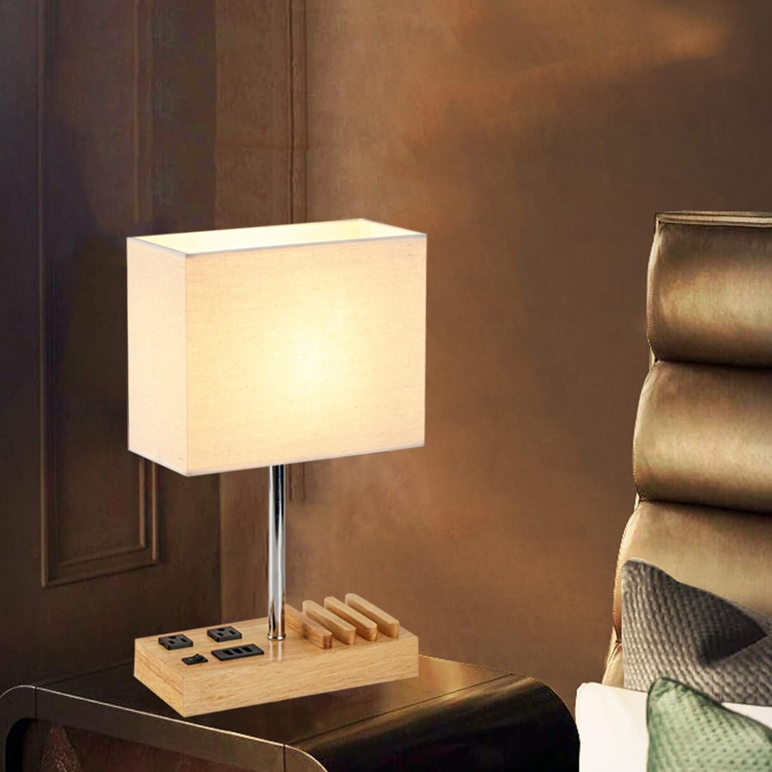 Elegant Multi-Functional Desk Lamp with USB Charging Ports and Stylish Wooden Base