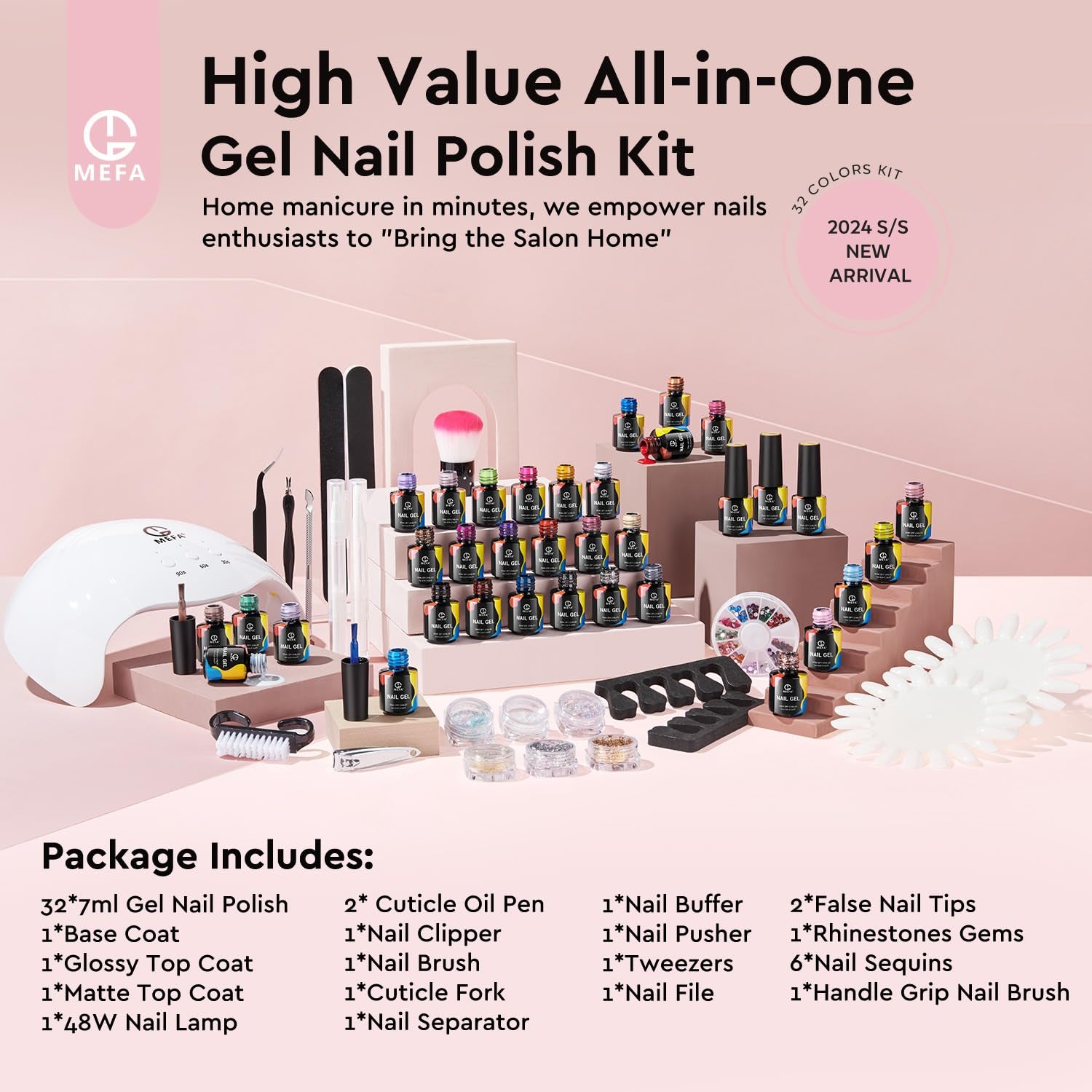 56-Piece Gel Nail Polish Kit with U V Light: 32 Colors