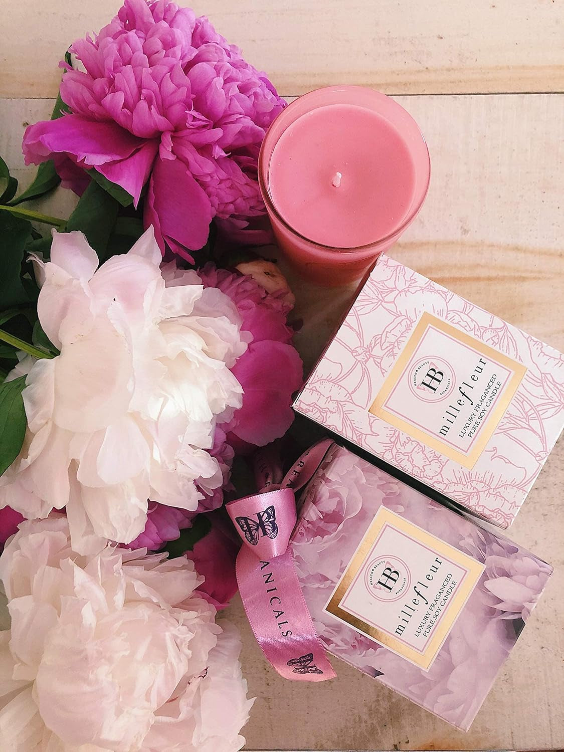 HB Botanicals Candle Millefleur Limited Edition/Luxury Scented Soy Candles/Hand Poured, Highly Scented & Clean Burn/7.5 Oz Frosted Pink Jar/Gold Embossed Gift Box/Color Printed Inner Box/Satin Bow.