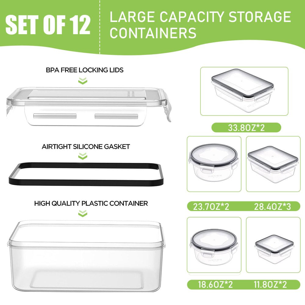 Professional Title: "Set of 24 Airtight Food Storage Containers with Lids - 12 Containers and 12 Lids - Ideal for Pantry and Kitchen Organization, BPA-Free and Leak-Proof Plastic Meal Prep Containers"
