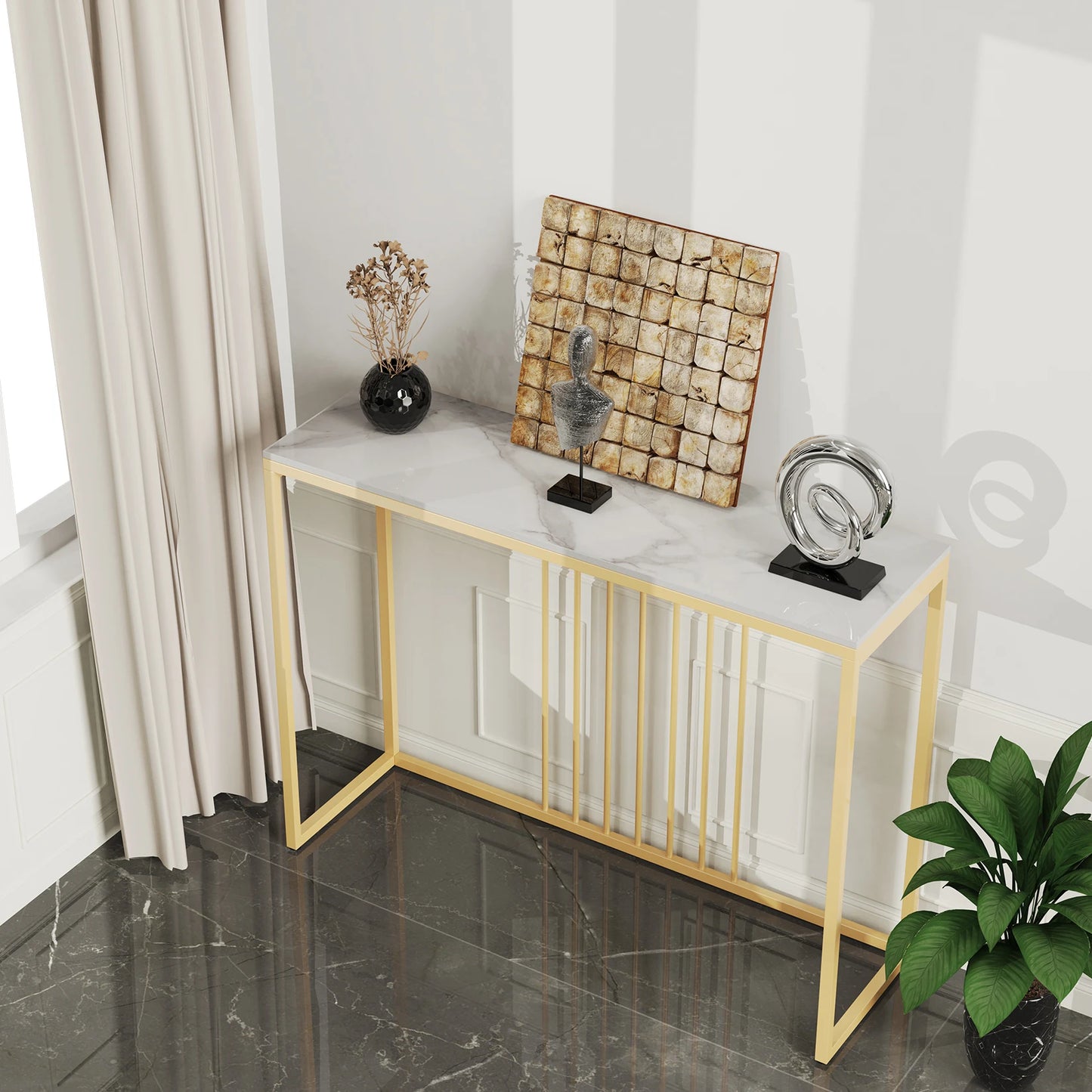 Modern Accent Console Marble Table Gold Metal Frame Storage Display Shelf Narrow Table for Hallway Entryway Living Room Entrance