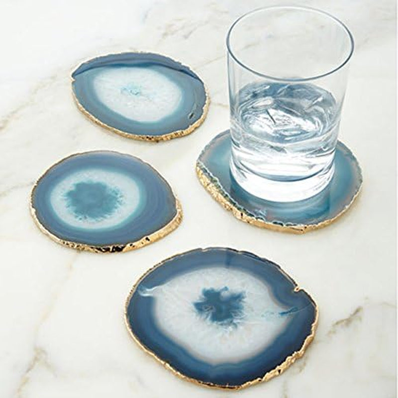 Premium Blue Gold Rimmed Agate Coasters - Set of 4, Genuine Stone Table Mats for Dining & Drinks Coffee Table & Kitchen Geode Decor Non-Toxic 4.5-5" Diameter