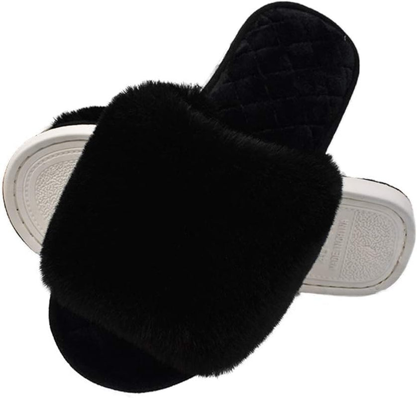 Women's Cozy Faux Fur Flat Slippers with Memory Foam Insole - Open Toe House Sandals for Indoor and Outdoor Use