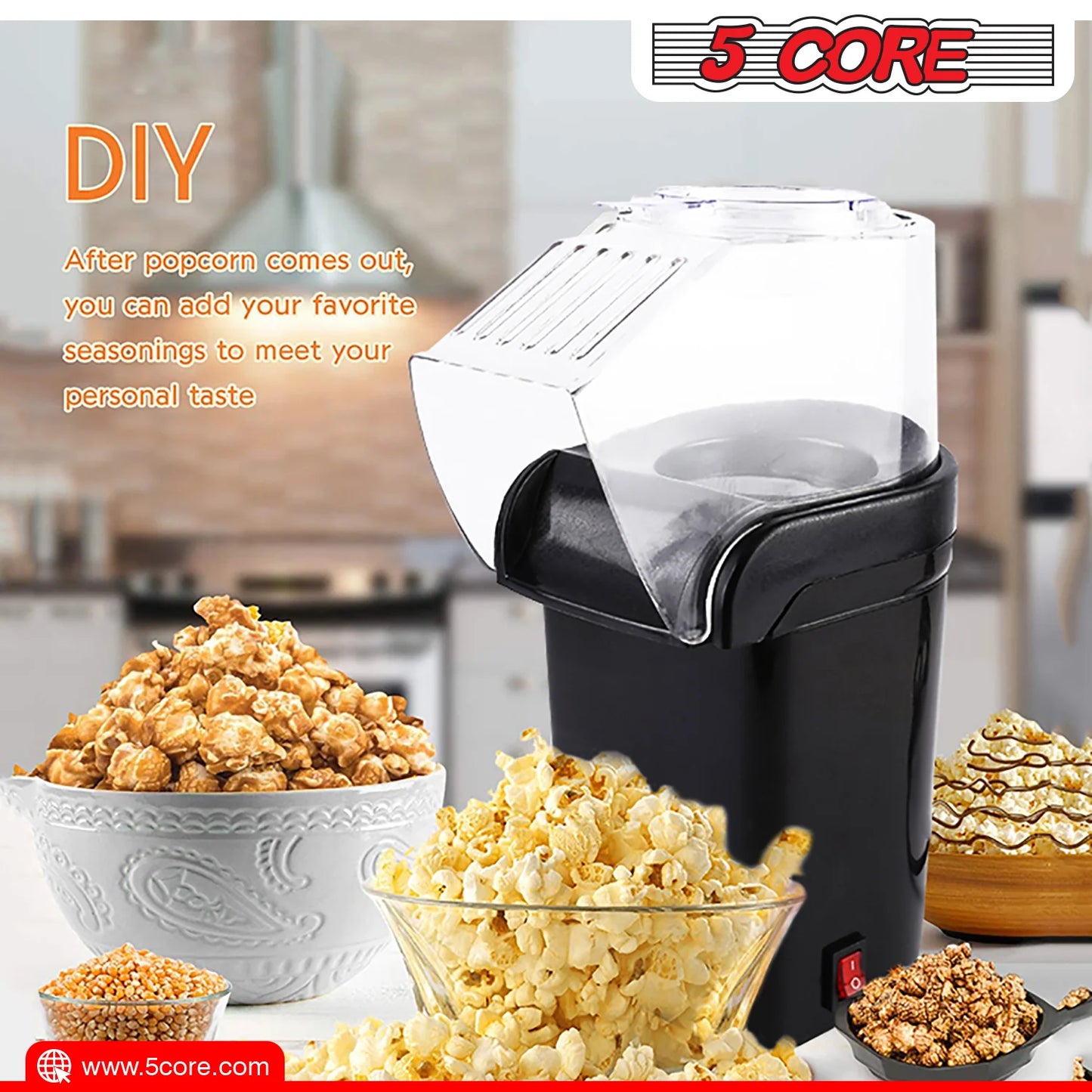 "5 Core Black Hot Air Popcorn Machine - 16 Cup Capacity, Compact Mini Popcorn Popper Maker - POP B"